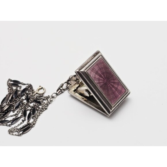 Vintage Art Deco Sterling Silver Black & Purple Enamel Pendant Watch Necklace - Picture 4 of 16